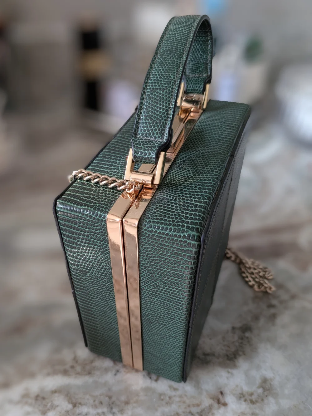 Topshop Dark Green Patchwork Box Satchel with Gold Chain